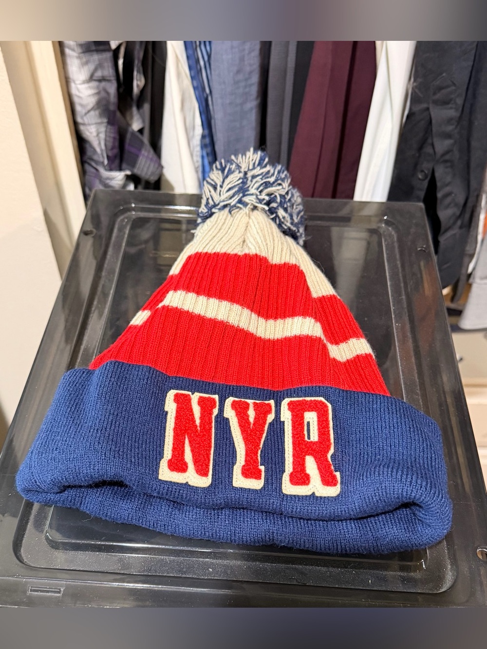 NYR Pom Pom Beanie Hat in Red, White & Blue